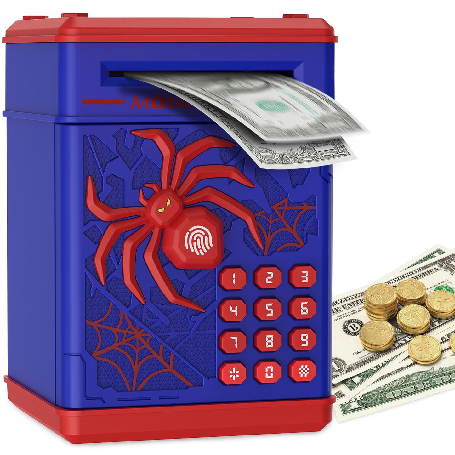 Spider Fingerprint Piggy Bank, ATM Piggy Bank for Kids Boys Girls, Kids Money Saving Box Money Safe (Blue)
