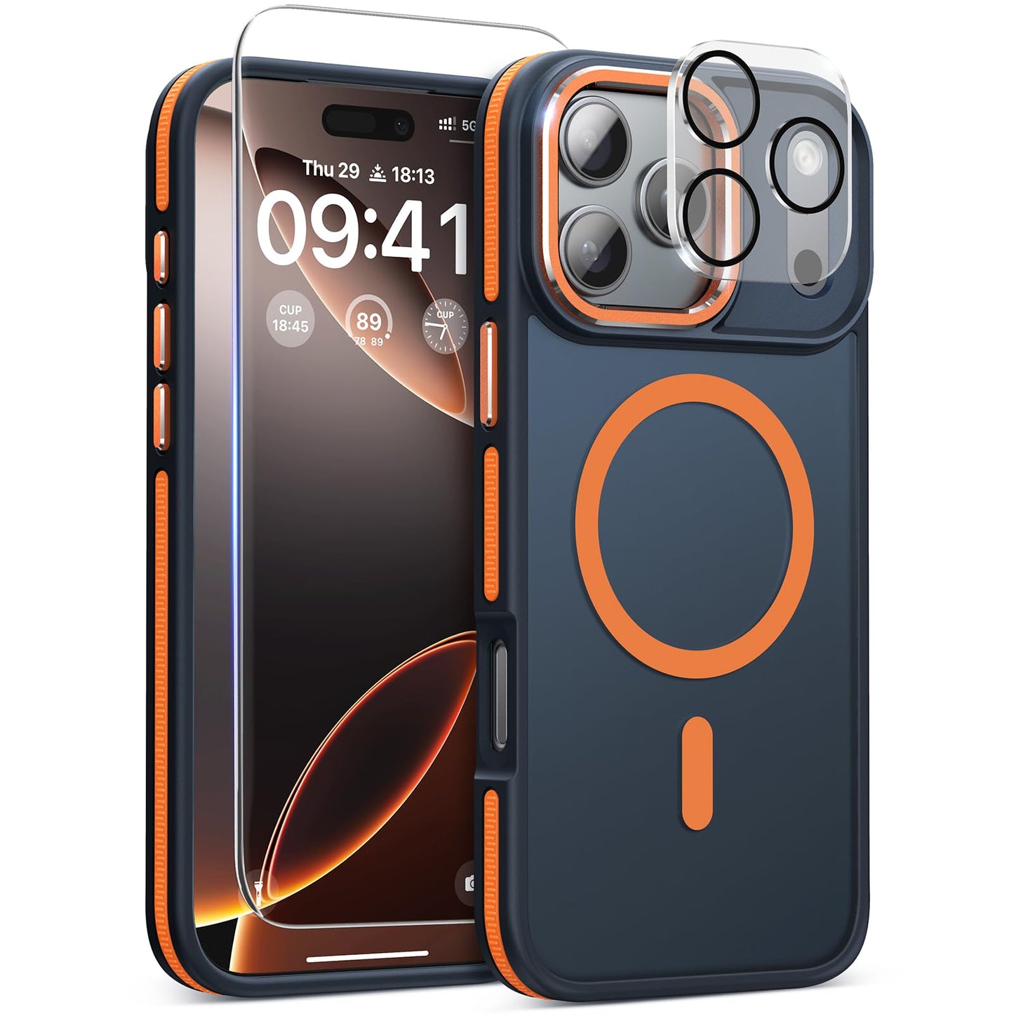 Magnetic 3 in 1 for iPhone 17 Pro Case, [Omni-Directional Protection] with 1x Screen Protector + 1x Camera Cover, [Seamless Work with Magsafe] Shockproof Slim Thin Case for iPhone 17 Pro Cosmic Orange