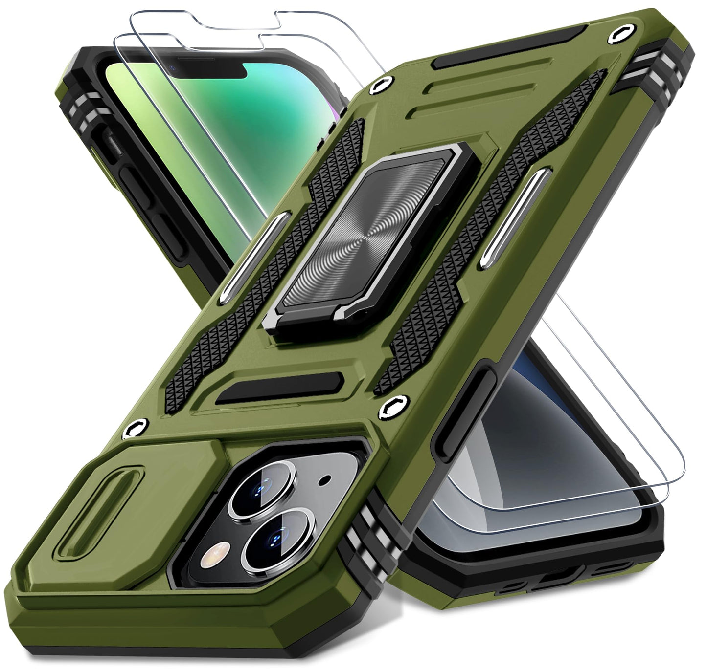 DEERLAMN Case for iPhone 13/iPhone 14 6.1-Inch with Slide Camera Cover+Screen Protector(2 Packs),Rotated Ring Kickstand Military Grade Shockproof Protective Cover-Olive Green