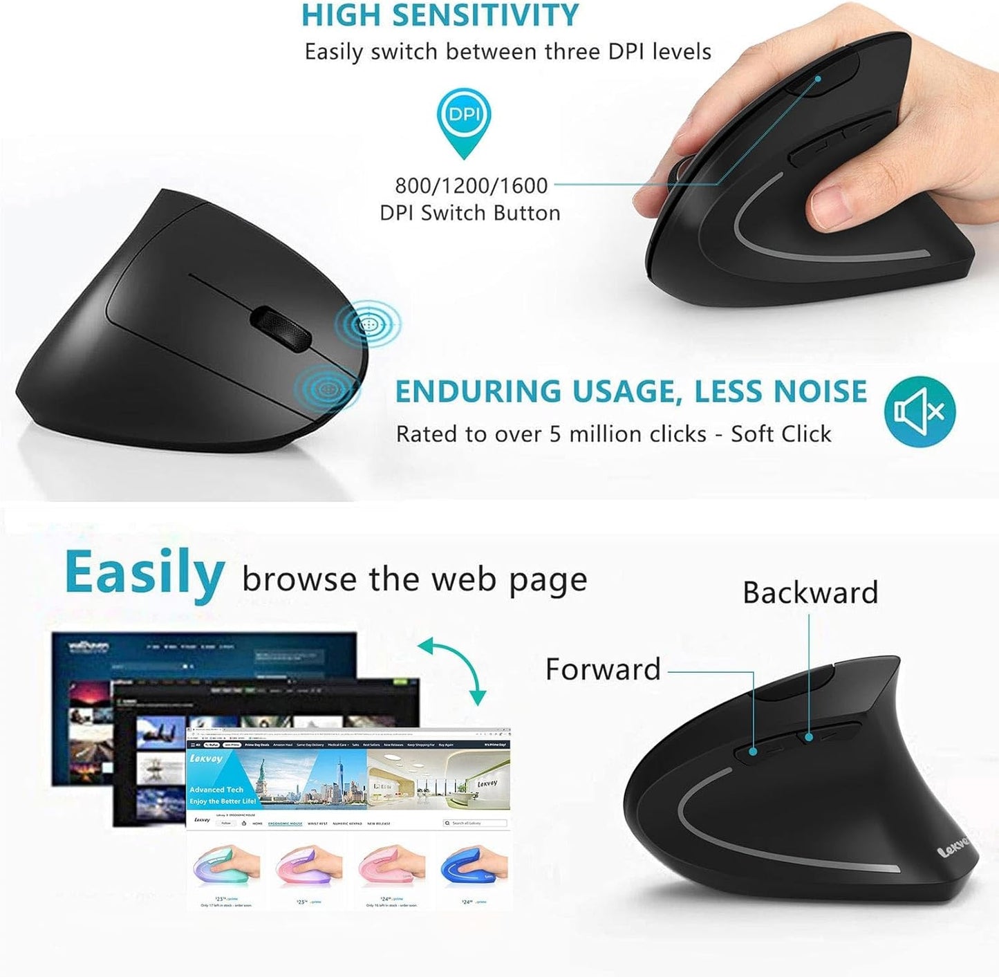 Ergonomic Mouse, LEKVEY Vertical Wireless Mouse - Rechargeable 2.4G Optical Vertical Mice : 3 Adjustable DPI 800/1200/1600 Levels 6 Buttons, for Laptop, Mac, PC, Computer, Desktop, Notebook etc, Black