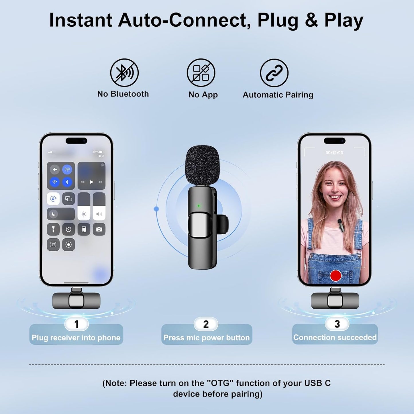 PoP voice USB C Mini Wireless Lavalier Microphone for iPhone/Android, Lapel Mic with Noise Reduction, Lav Mic for Video Recording, Tiny Microphone Content Creator Interview for Tiktok, YouTube, Vlog