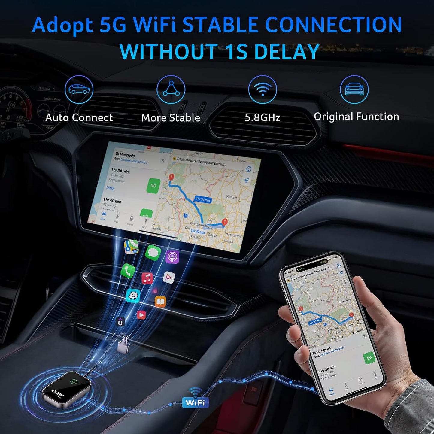 Acer Gadget CarPlay Wireless Adapter for Apple — iPhone Wireless Apple CarPlay Wireless Adapter Upgrade Wired CarPlay to Wireless for Seamless Music Navigation Calls and Messages
