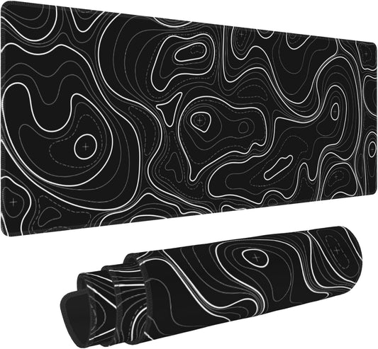 Large Gaming Mouse Pad Black Topographic Contour Mouse Pad Extended XL Long Mousepad Big Desk Mat with Stitched Edges & Nonslip Rubber Base for Company Office Work, 31.5 X 11.8 Inch