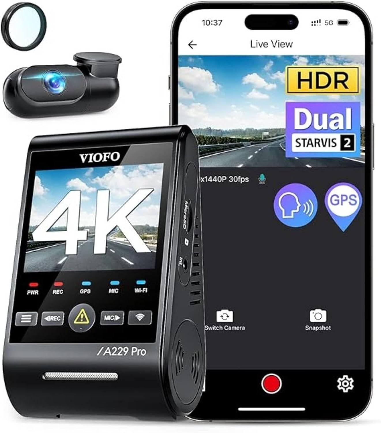 Gadgets key VIOFO A229 Pro 4K HDR Dash Cam, Dual STARVIS 2 IMX678 IMX675, 4K+2K Front and Rear Car Camera, 2 Channel with HDR, Voice Control, 5GHz WiFi GPS, Night Vision 2.0, 24H Parking Mode