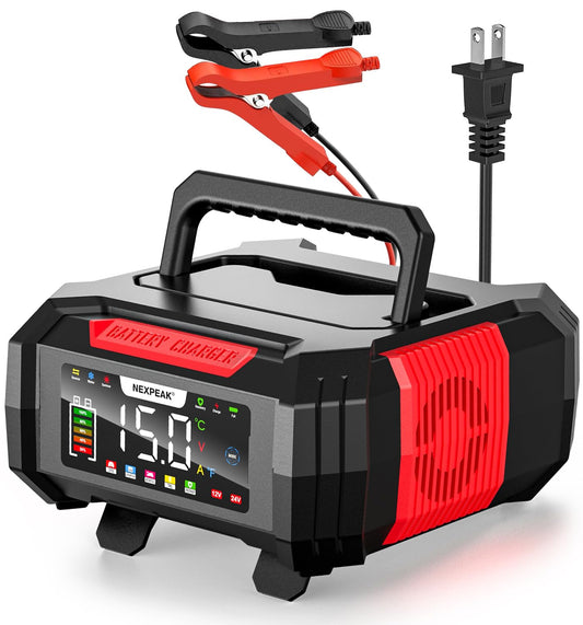 NEXPEAK 15A Battery Charger, Trickle Charger 12V/24V Car Battery Charger 9-Stage Smart LiFePO4 Charger Battery Maintainer w/Overcharge Protection Pulse Repair for Car Truck Motorcycle Lawn Mower