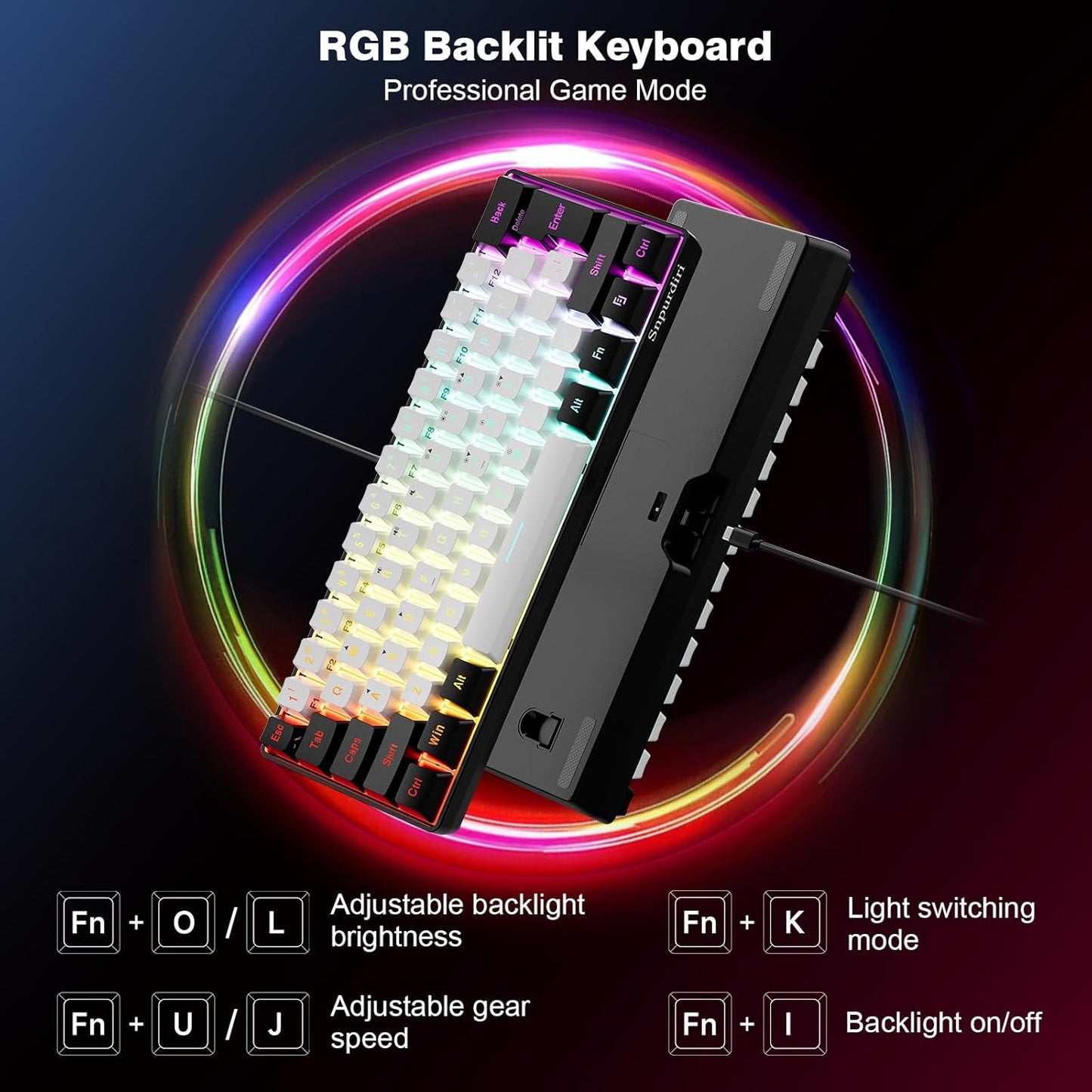 Snpurdiri 60% Wired Gaming Keyboard, 61 Keys RGB Backlit Ultra-Compact Small Gaming Keyboard, for PC/Mac Gamer, Typist, Travel, Easy to Carry on Business Trip(Black-White)