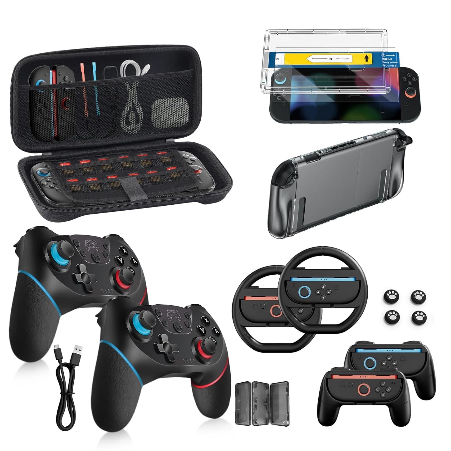 Pro Controllers Accessories Bundle for Nintendo Switch 2 18-in-1: Carrying Case, Screen Protector, Thumb Grip for Joycon, Dockable Console Protective Cover Shell, Steering Wheel, 2025 Switch2 Game Kit