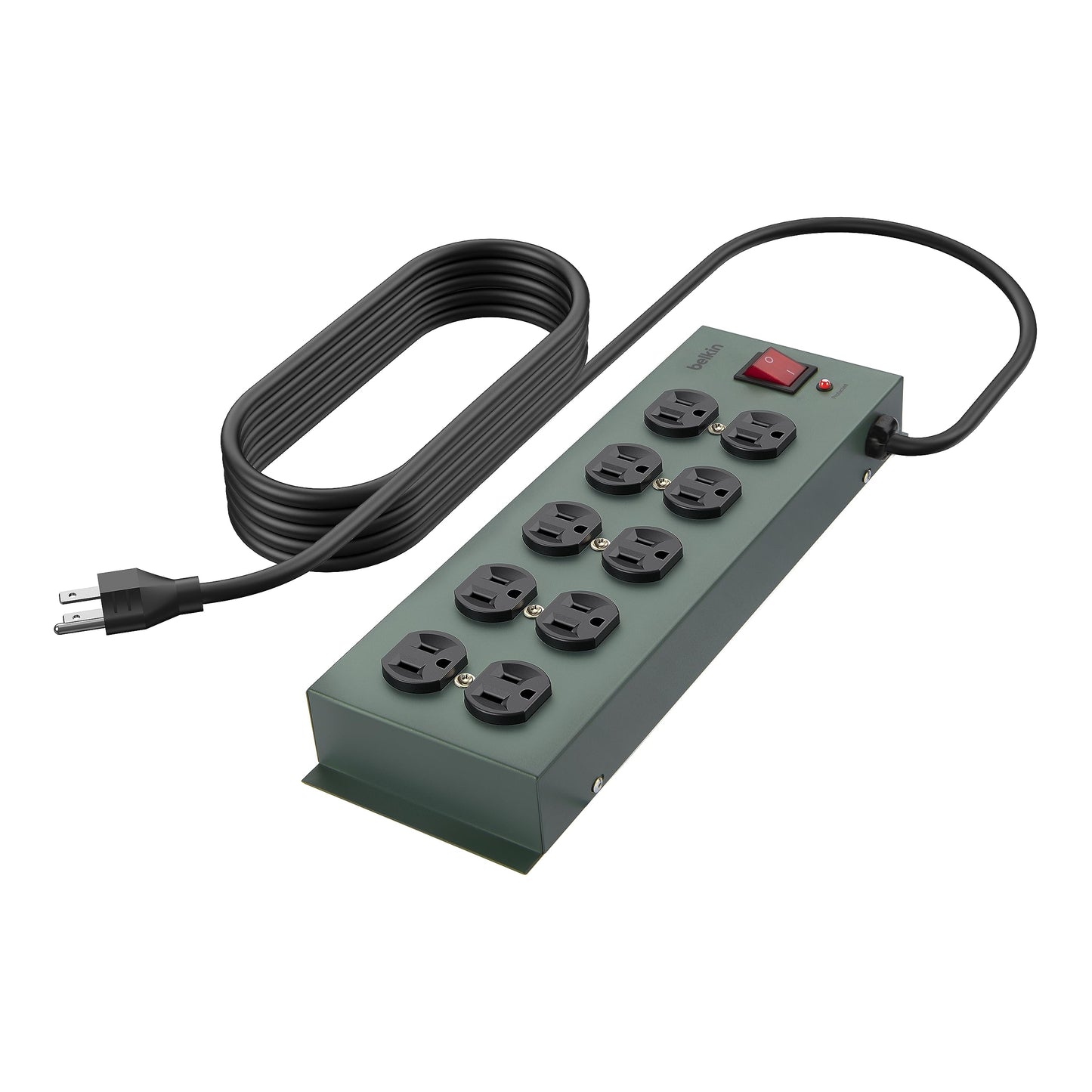 Belkin Power Strip Surge Protector - 10 AC Outlets, 15ft Heavy Duty Metal Extension Cord with Wall Mount Holes for Home, Office, Travel, Computer Desktop, Laptop & Phone Charging Brick