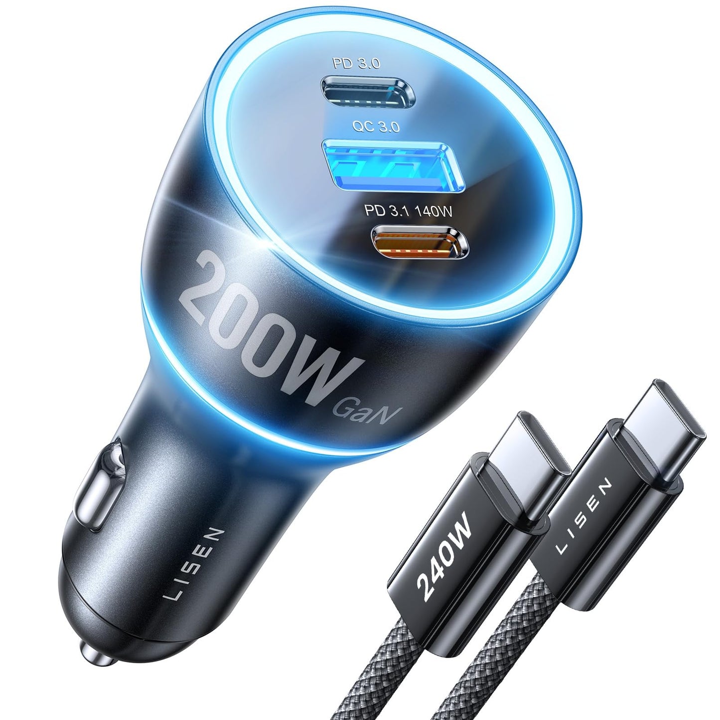 LISEN 200W Car Charger USB C Fast Charge [GaN] PD 140W Fast Car Charger USB C, Cigarette Lighter Adapter for Multi Device, for iPhone 17 16 15 14 13 12, MacBook Pro, Laptop, iPad, Samsung S26 S25