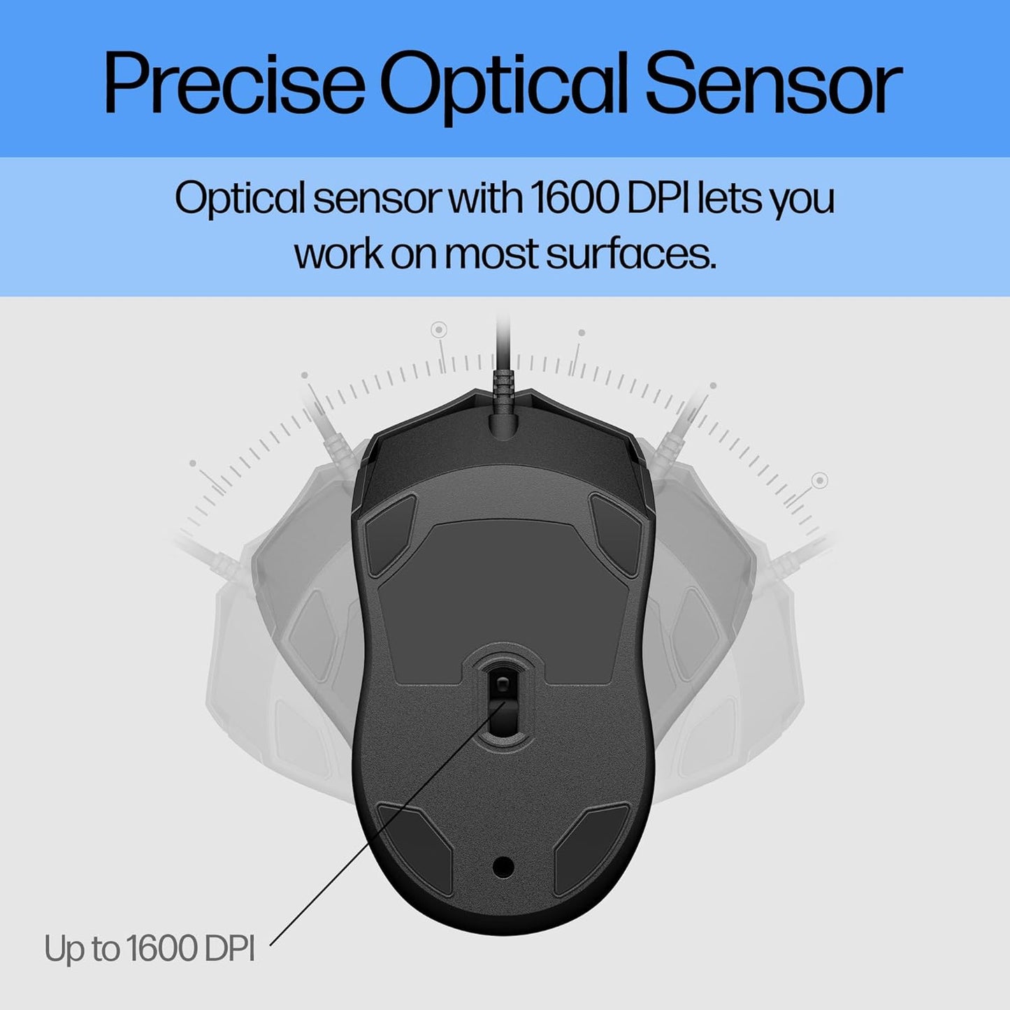 HP Wired Mouse 100 - Precise Optical Sensor with 1600 DPI - Easy USB Connection - Ambidextrous Design - 3 Button Control & Built-in Scrolling - Multi-OS Compatible (6VY96AA#ABL)