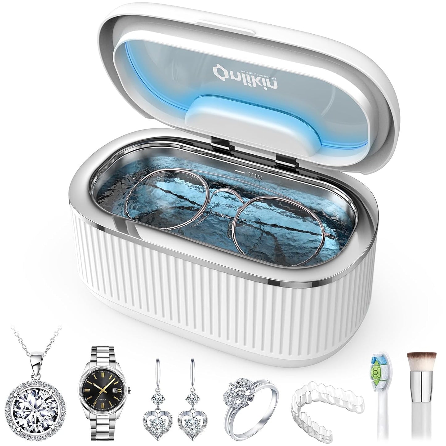 35W Ultrasonic Jewelry Cleaner, 45KHz Retainer Cleaner for Jewelry, 5 Timer & 3 Power Modes, Eyeglasses, Rings, Watch Strap, Dentures - 20oz, 304 Stainless Steel Tank, Quiet <38dB (White)