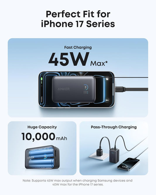 Anker Nano Portable Charger, 10,000mAh 45W Max Compact Power Bank, Travel Essential Phone Battery Pack with 2.3 ft InstaCord Retractable Cable for iPhone 17/16 Series, iPad, Galaxy, Pixel, and More