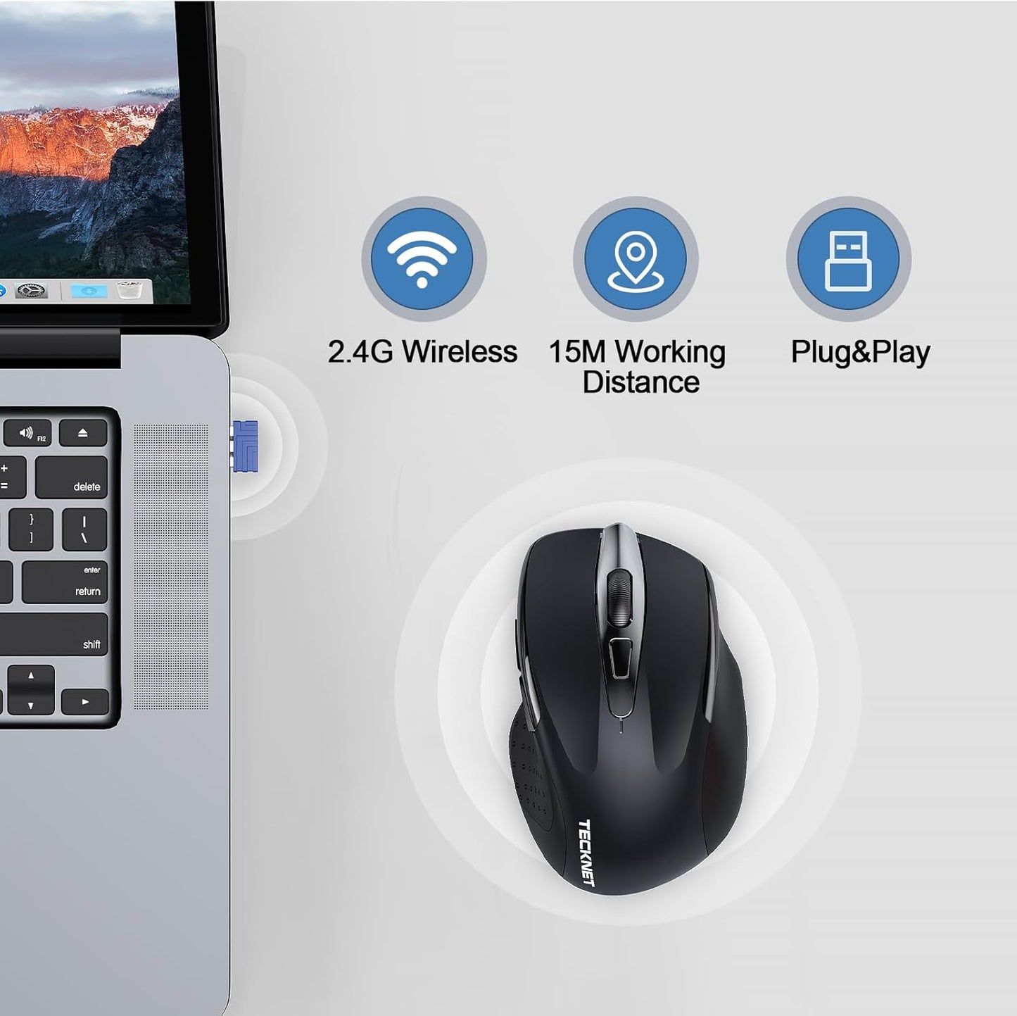 TECKNET Wireless Mouse Rechargeable, 2.4G USB-A Silent Mouse, Quiet Click, 6 Adjustable 4800 DPI, Cordless Computer Mice, Ergonomic Mice for Laptop, 6 Buttons for Chromebook, Ergo Grip - Black