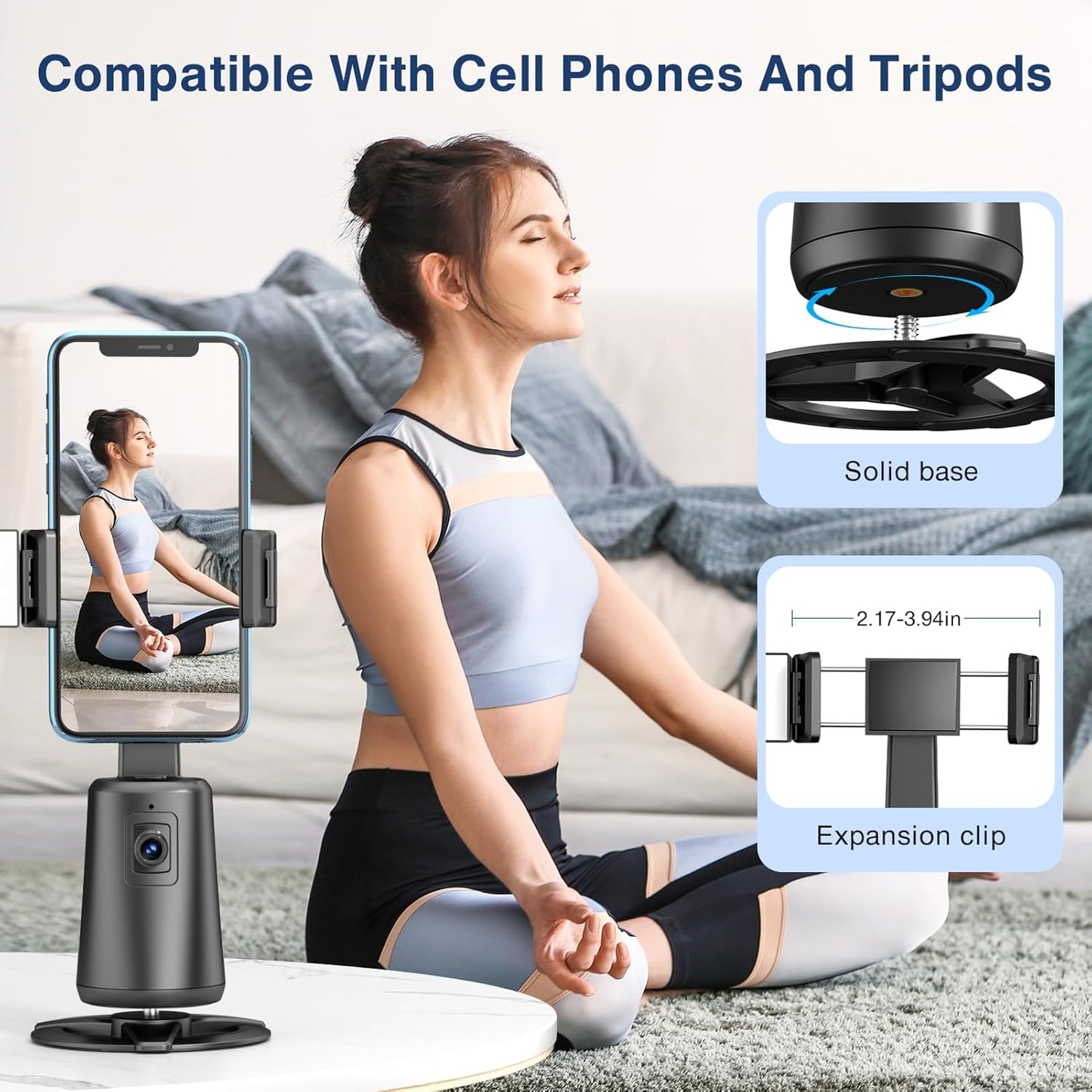 Auto Face Tracking Tripod 360° Rotating Cell Phone Photo and Video Kits Stand, No App, Camera Stand with Remote and Gesture Control, Rechargeable Smart Shooting Stand for Live Recording Tiktok（Black）