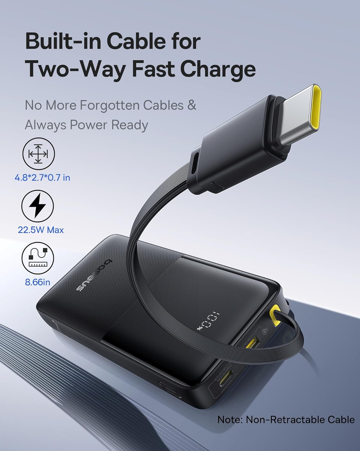 Baseus Portable Charger, 10000mAh Fast Charging Power Bank, 22.5W PD3.0 QC3.0 Battery Pack Built-in USB C Braided Cable, Travel Essentials for iPhone 17 16 15, iPad, S25/S24, Indoor/Outdoor