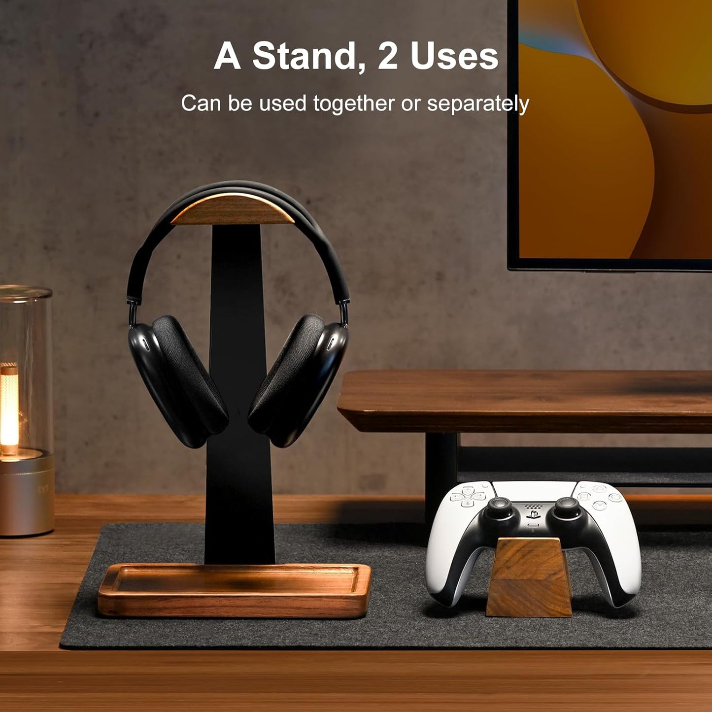 UPERGO Headset Stand with Gaming Controller Holder, Walnut Wood Headphone Stand with Storage Base, Gaming Equipment Accessories for Desk