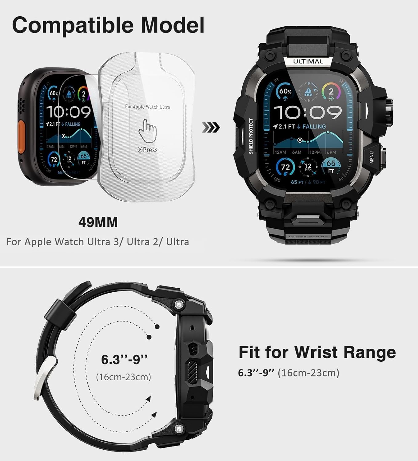 ULTIMAL Rugged Case with Band for Apple Watch 49mm,Compatible with Apple Watch Ultra 3/2/1, Military Grade Shockproof Bumper Cover for iWatch Tactical Band Men (Black, 49mm)