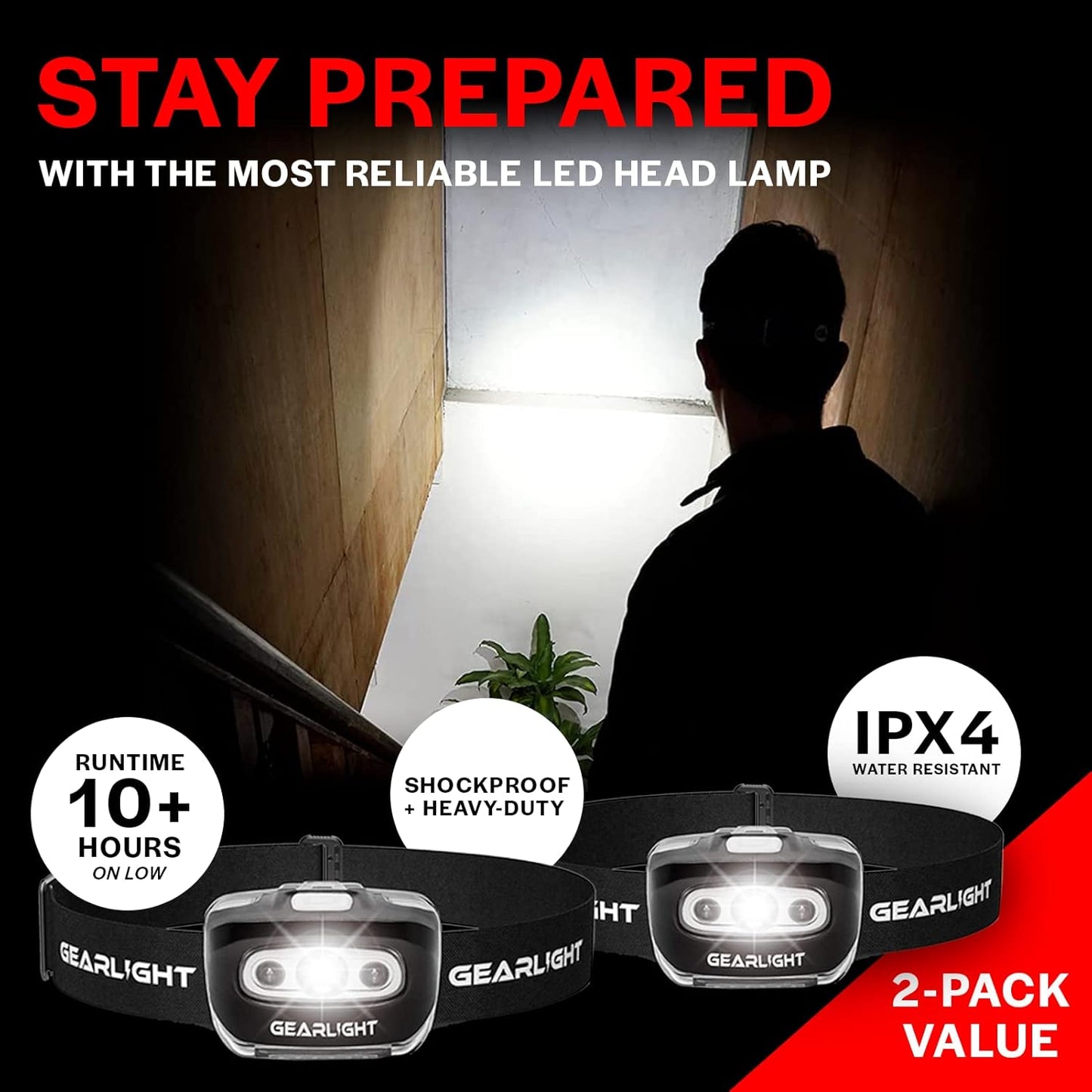 LED Headlamp 2-pack Battery Powered (AAA) | Head Lamp for Running Hunting Camping Fishing Hiking with Red Light and Adjustable Headband - Bright Forehead Headlamp 7 Modes (Batteries Not Included)