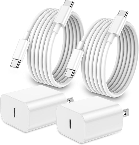 20W USB-C Fast Charger for iPhone & iPad – 2-Pack Wall Blocks with 6FT USB-C to C Cables (White)