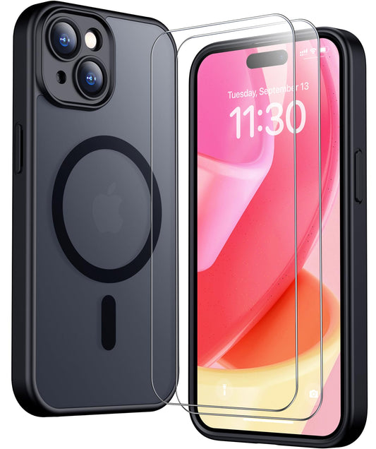 SPIDERCASE Designed for iPhone 15 Case, Magnetic with [2 Tempered Glass Screen Protector] [Full Camera Protection] Anti-Fingerprint Anti-Scratch for iPhone 15 6.1”, Black