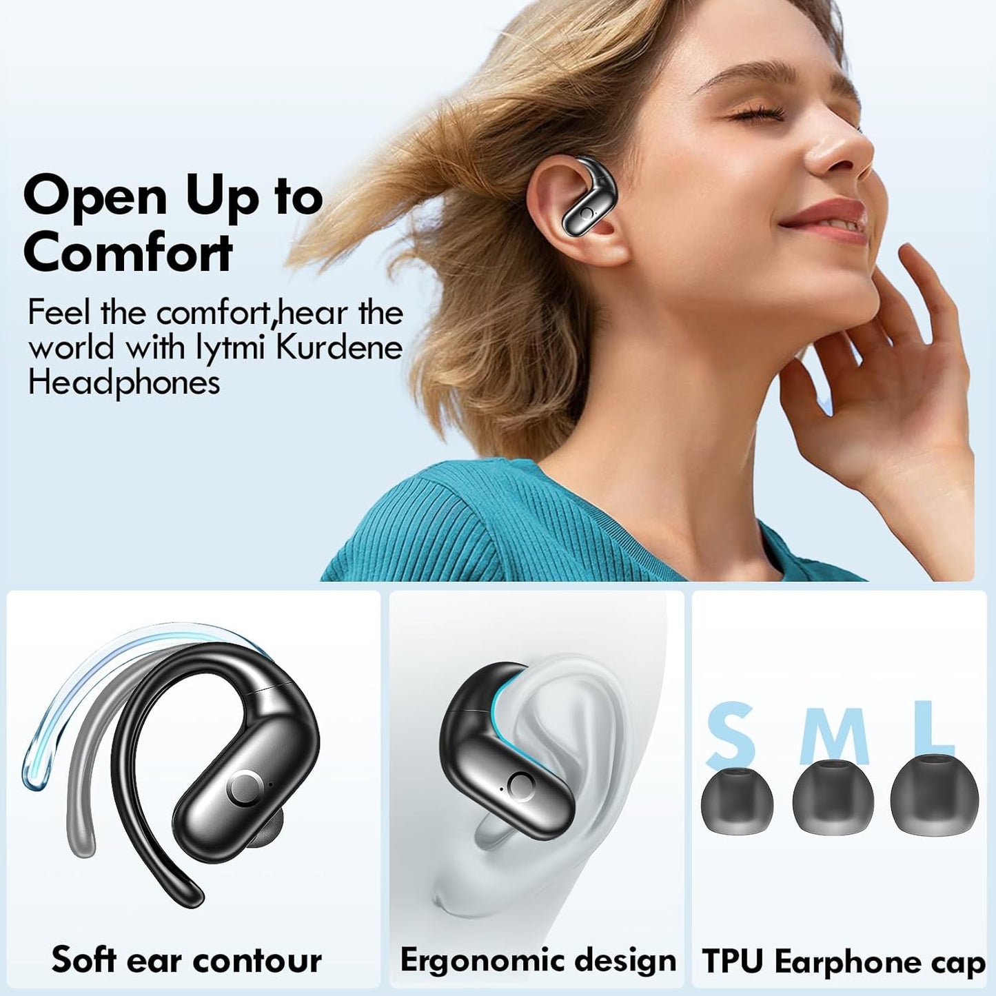 kurdene Wireless Earbuds Bluetooth Headphones Sport,Over Ear Buds with Deep Bass Sound,60Hrs Playtime Earphones Redesigned Comfort Fit with Earhooks for Running,Meeting,Workout-Black