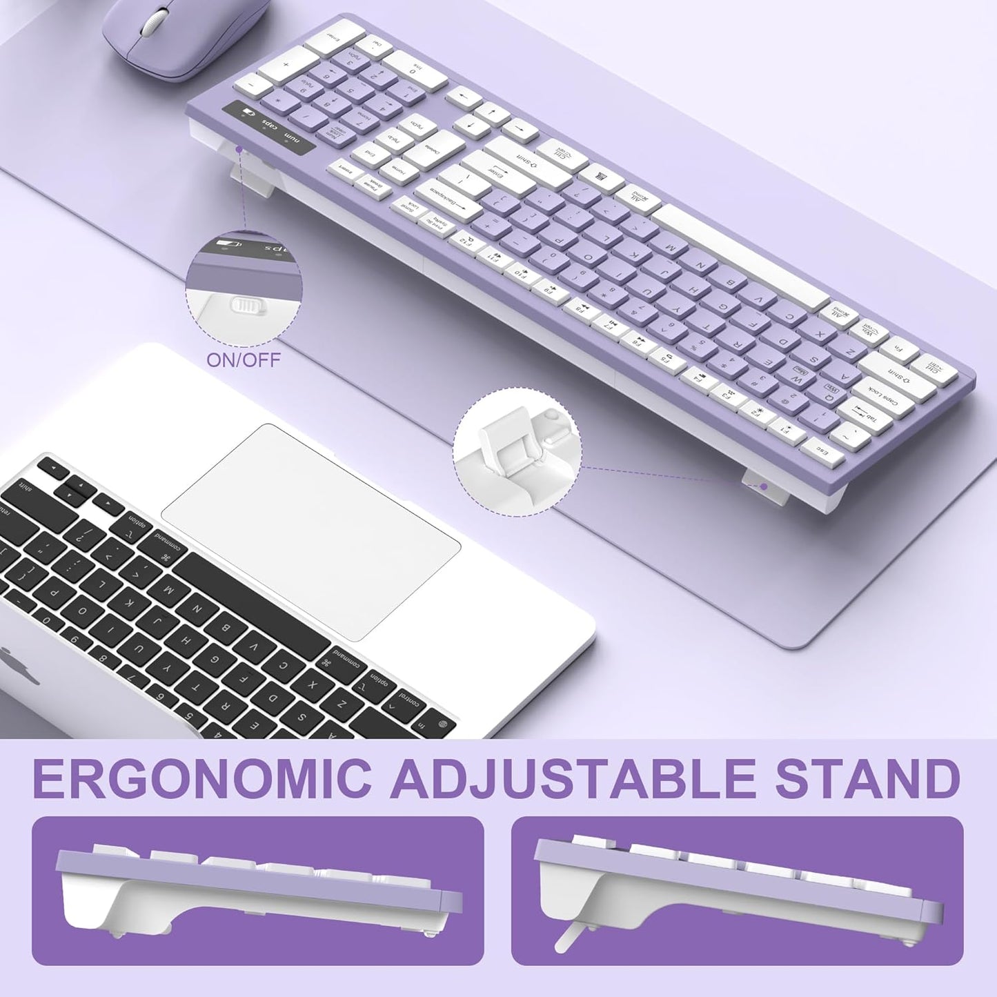 Wireless Keyboard and Mouse Combo, Full-Sized Wireless Keyboard and Adjustable DPI Mouse, 2.4GHz USB Receiver, Silent Keyboard and Mouse for PC, Windows, MAC, Desktop, Laptop(Purple)