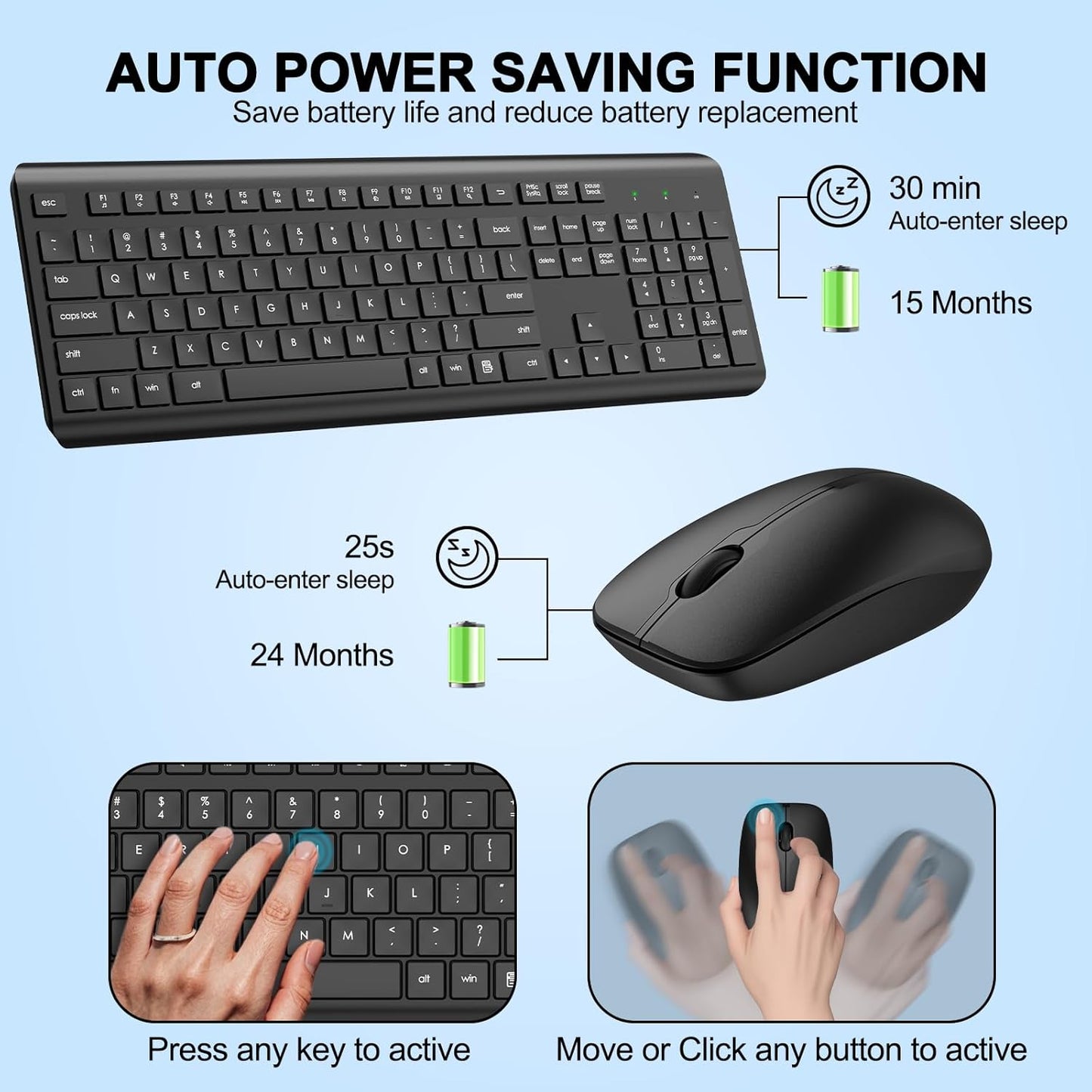 Wireless Keyboard and Mouse Combo, Full Size Silent Ergonomic Keyboard and Mouse, Long Battery Life, Optical Mouse, 2.4G Lag-Free Cordless Mice Keyboard for Computer, Mac, Laptop, PC, Windows