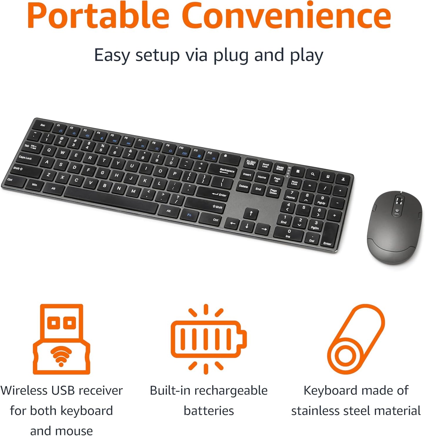 Ultra Premium Wireless Keyboard and Mouse Combo - Rechargeable, Ultra Slim Design, Quiet, Full Size, Number Pad, Unifying Receiver, Black