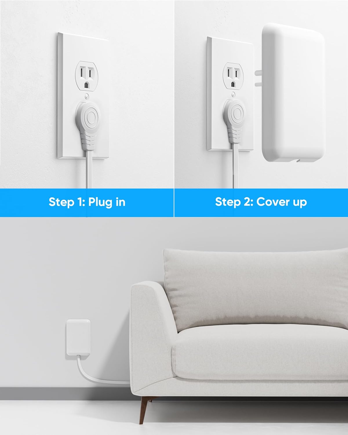 Flat Extension Cord with Outlet Cover, Flat Plug Power Strip with 6 Outlets and 3 USB Ports, 2000 Joules Surge Protector, 5 FT Cord Hidden Outlet Extender for Tight Spaces, White