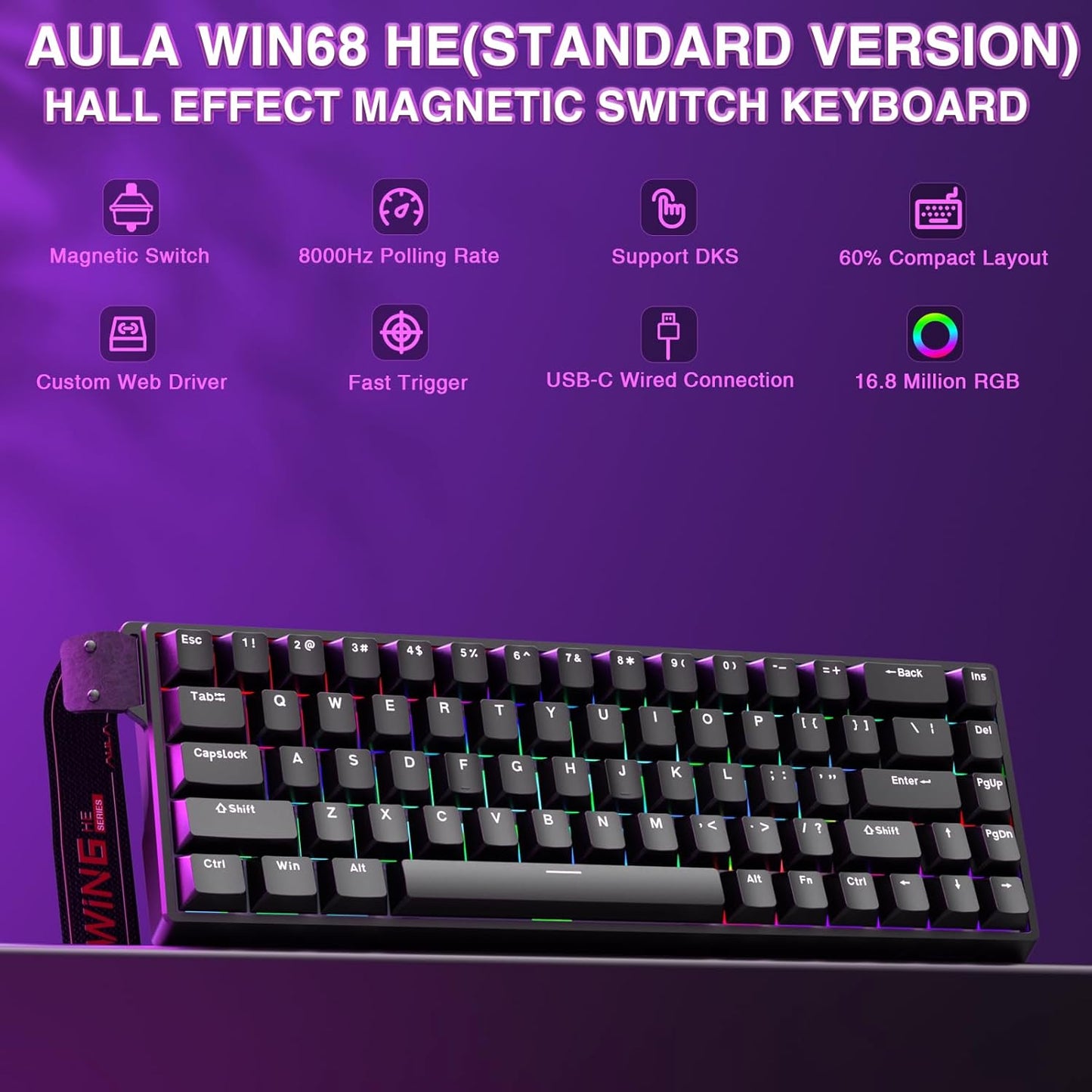 AULA WIN68 HE Mechanical Gaming Keyboard 60%, Hall Effect Magnetic Switch, Fast Trigger Mode Adjustable Actuation, 8000Hz Polling Rate, RGB Backlit, Wired Black Keyboard for Laptop/PC Gamer