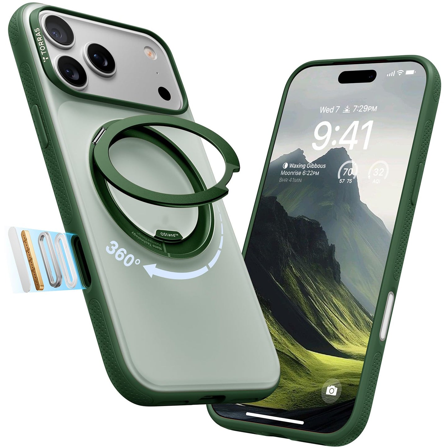 TORRAS 360 Magnetic Stand for iPhone 17 Pro Case, Ostand 3.0[Fit for MagSafe][4X Mil-Grade Shockproof] Rotatable Kickstand Protective Cover, Camera Control Button, Translucent Pine Green, O3 Fitness