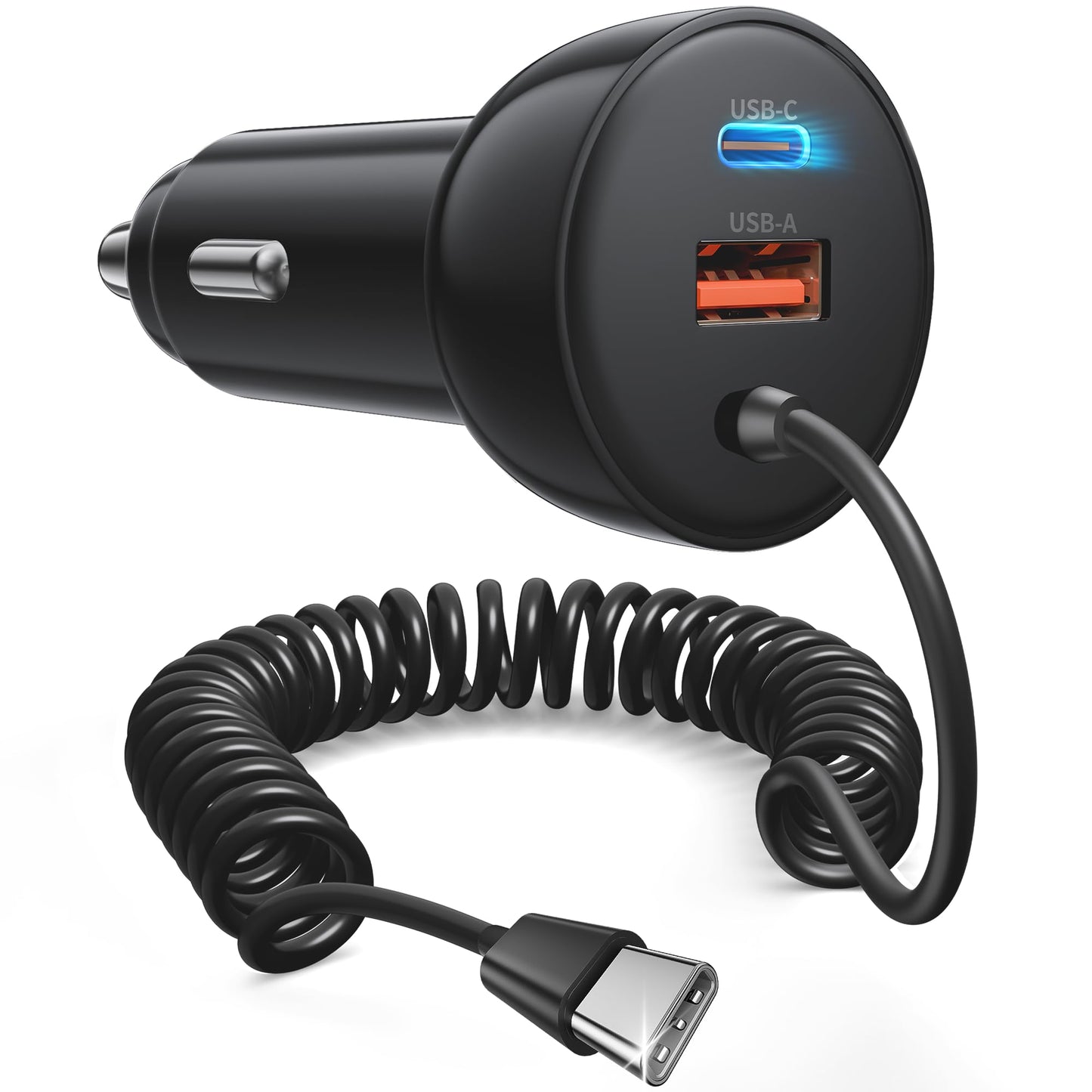 iPhone 17 16 15 Pro Max Car Charger Fast Charging, 90W 3-Port Car Charger USB C Fast Charge Cigarette Lighter Adapter with 4FT Coiled USB C Cable for iPhone 17/17 Pro Max/17e/Air/16/15 Pro/Plus, iPad