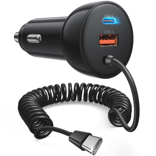 iPhone 17 16 15 Pro Max Car Charger Fast Charging, 90W 3-Port Car Charger USB C Fast Charge Cigarette Lighter Adapter with 4FT Coiled USB C Cable for iPhone 17/17 Pro Max/17e/Air/16/15 Pro/Plus, iPad