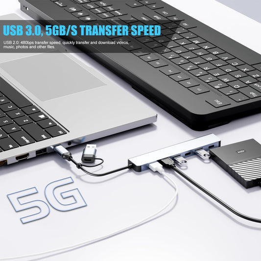 【Upgrade】 USB C/USB Hub, BERLAT Aluminum 7 in 1 USB C & USB Hub with USB 3.0, USB 2.0 Ports for PC/Laptops/MacBook Pro/Air/iMac/iPad and More Devices
