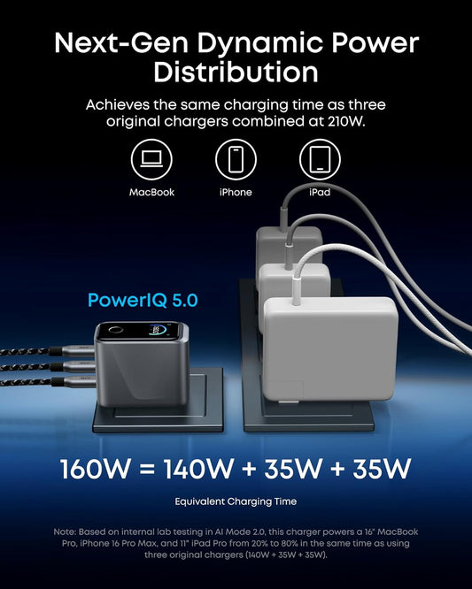 Anker Prime Charger, 160W 3-Port Compact GaN USB C Charger Block, Smart Display and Touch Control, 140W Max Charging via Any Single Port, for MacBook Pro/Air, Laptop, iPhone 17/16 Series(Non-Battery)