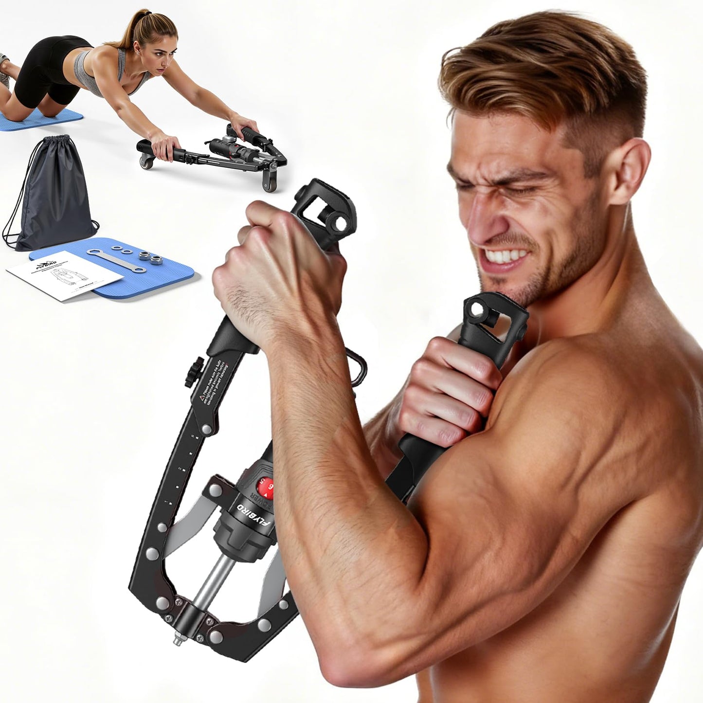 FLYBIRD Chest & Arm Twister & Core Trainer, Hydraulic Power CoreFlex Twister Chest Workout Equipment, 22-440lbs for Strength Trainer, 3-in-1 Chest Trainer with Ab Roller Wheel(Backpack &Pad Included)