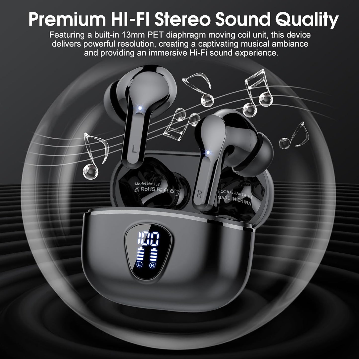 Wireless Earbuds, Bluetooth 5.4 Headphones HiFi Stereo, Bluetooth Earbuds with ENC Noise Cancelling Mic, IP7 Waterproof in Ear Earphones, 48H, LED Display Ear buds for Pad Phones Workout Sports, Black