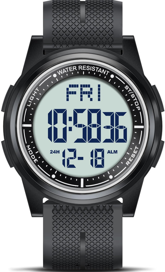 Beeasy Digital Watch for Men Women, 50M Waterproof, Ultra-Thin & Lightweight, 44mm Silicone Sports Watch with Alarm, Stopwatch, Countdown, Ideal for Gym, Running, School, Daily Wear