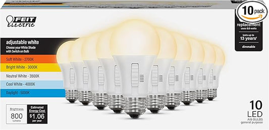 Feit Electric A19 LED Light Bulb, 60W Replacement, Dimmable, Selectable Color Temperatures (2700K-5000K), 800 Lumens, General Purpose Light Bulbs, 15,000-Hour Lifetime, OM60DM/5CCTCA/LED/ 10 Pack