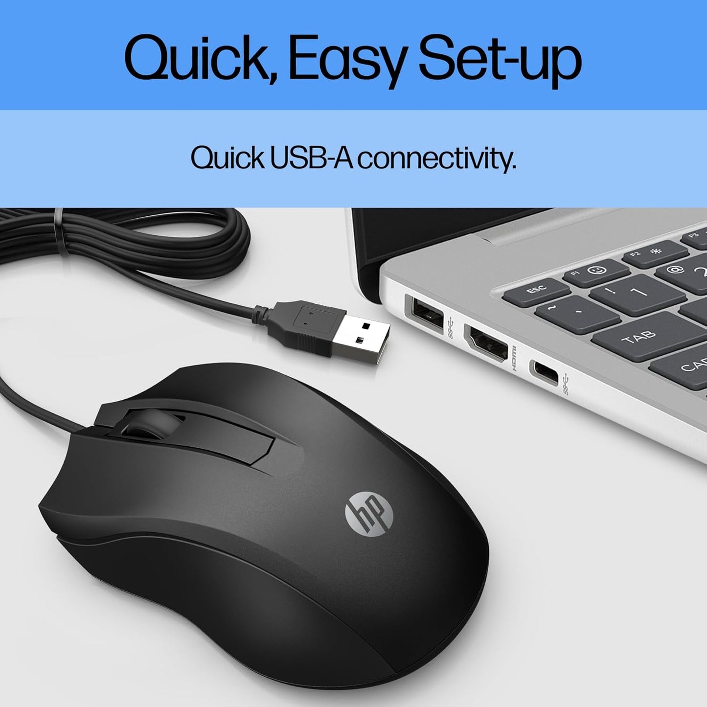 HP Wired Mouse 100 - Precise Optical Sensor with 1600 DPI - Easy USB Connection - Ambidextrous Design - 3 Button Control & Built-in Scrolling - Multi-OS Compatible (6VY96AA#ABL)