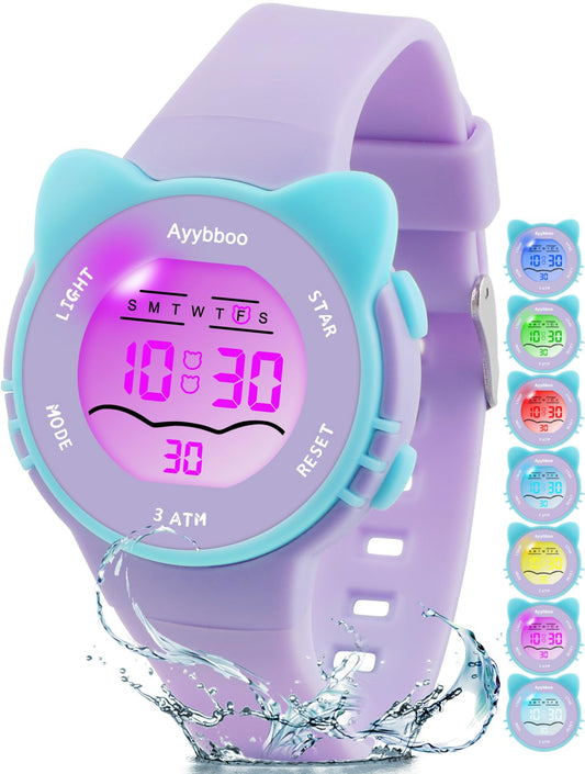 Kids Digital Analog Watches for Girls Boys, 7 Color Lights Waterproof Cute Wristwatches for Kids with Alarm Stopwatch, Great Present for Girls Boys Ages 5-13