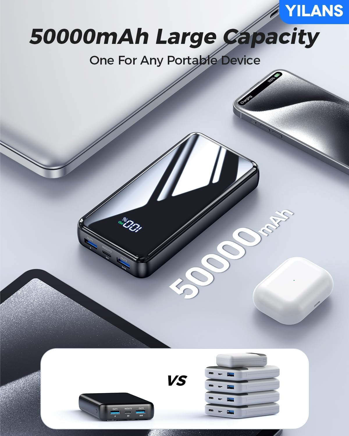 Portable Charger,50000mAh Power Bank Built-in Cable, 22.5W PD USB C In & Out Fast Charging, External Battery Pack with 6 Output & 2 Input, Travel Phone Charger for iPhone 17/16/15/14/13/12(Black)