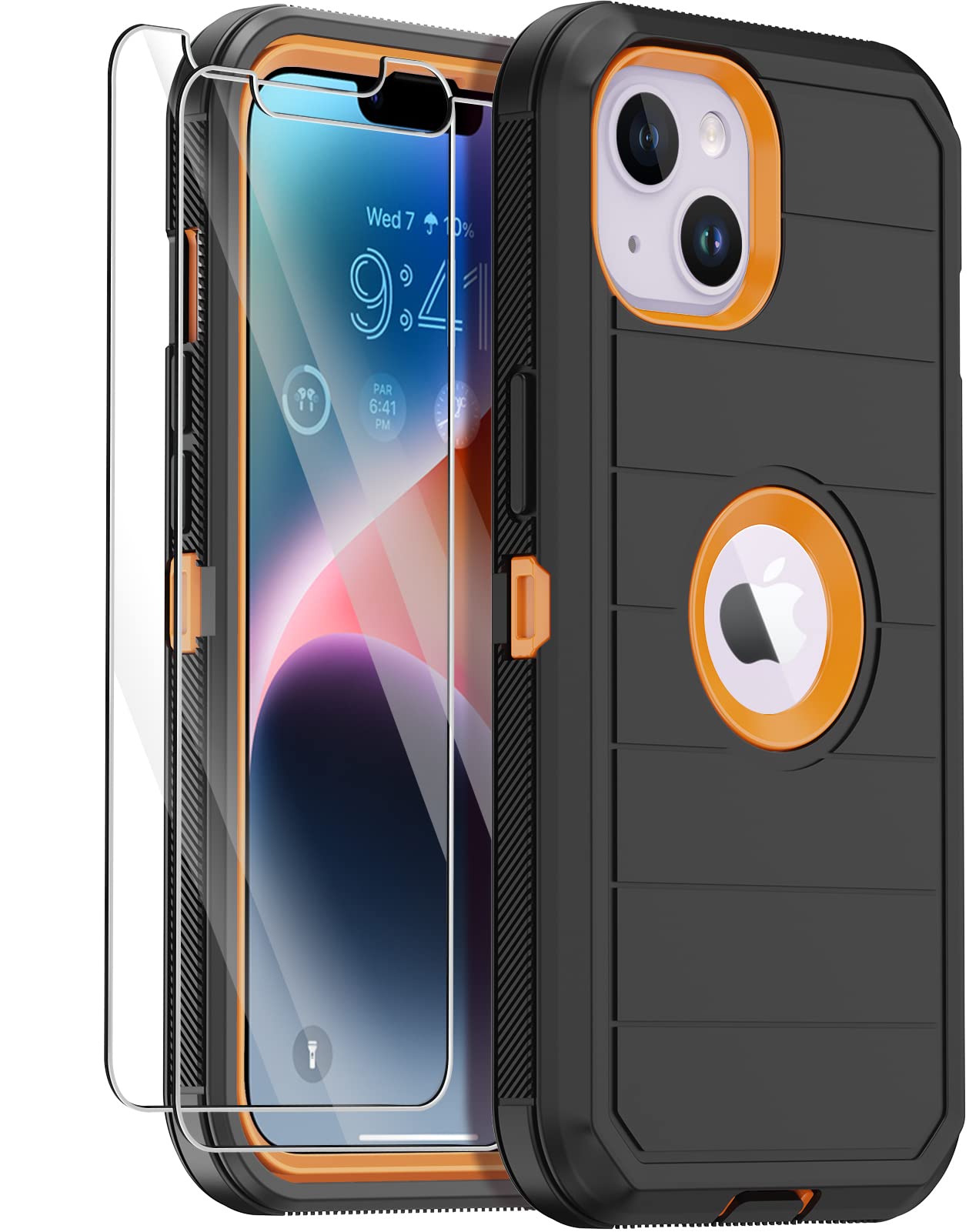 for iPhone 14 Case with 2 Screen Protector,Full Body Shockproof Drop Protection Dust Proof Heavy Duty 3-Layer Rugged Durable Military Grade Cover for Apple iPhone 14 6.1" (Black/Oranger)
