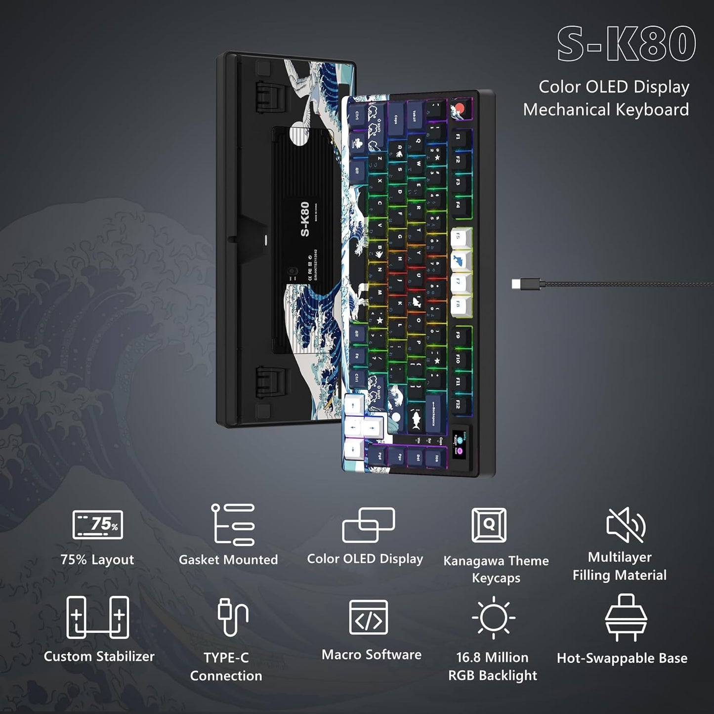 Womier SK80 75% Keyboard with Color Multimedia Display Mechanical Gaming Keyboard Creamy Sound, Wired Hot Swappable Gasket Mount RGB Custom Key Board, Pre-lubed Stabilizer for Mac/Win, Black Kanagawa