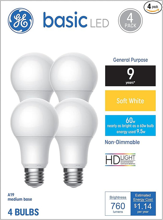 GE Basic Light Bulbs, 60 Watt, Soft White, A19 (4 Pack)