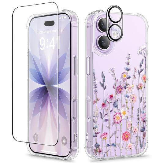 GVIEWIN for iPhone 17 Case TPU Clear Flower with Screen+Lens Protectors | Military Grade Drop Protection,Slim,Lightweight,Bumper,Shockproof,Anti-Scratch,6.3" 2025 for Women Girls,Floratopia/Colorful