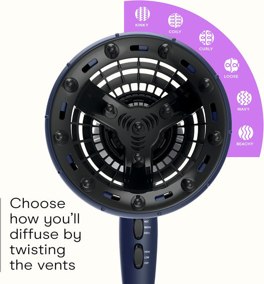 INFINITI PRO CONAIR Hair Dryer with Innovative Diffuser, Enhances Curls and Waves While Reducing Frizz, Dark Blue