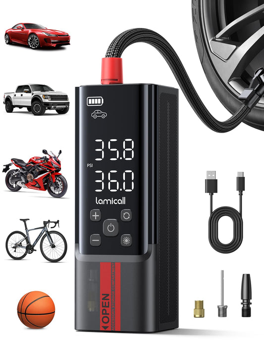 Lamicall Portable Car Tire Inflator - Air Compressor [150 PSI] [4X Faster] Cordless Car Air Pump Rechargeable, Pressure Gauge Display, LED Light, for Cars, Motorcycles, Bike, Wheels Accessories Gifts