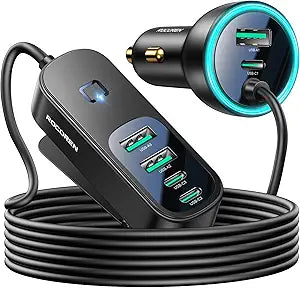 Rocoren 105W 6-Port Multiport Car Charger, PD Fast USB C Car Charger for Multiple Devices,Cigarette Lighter Adapter Car Travel Essentials for Road Trips with 5FT Cable,Car Accessories for iPhone 17/16