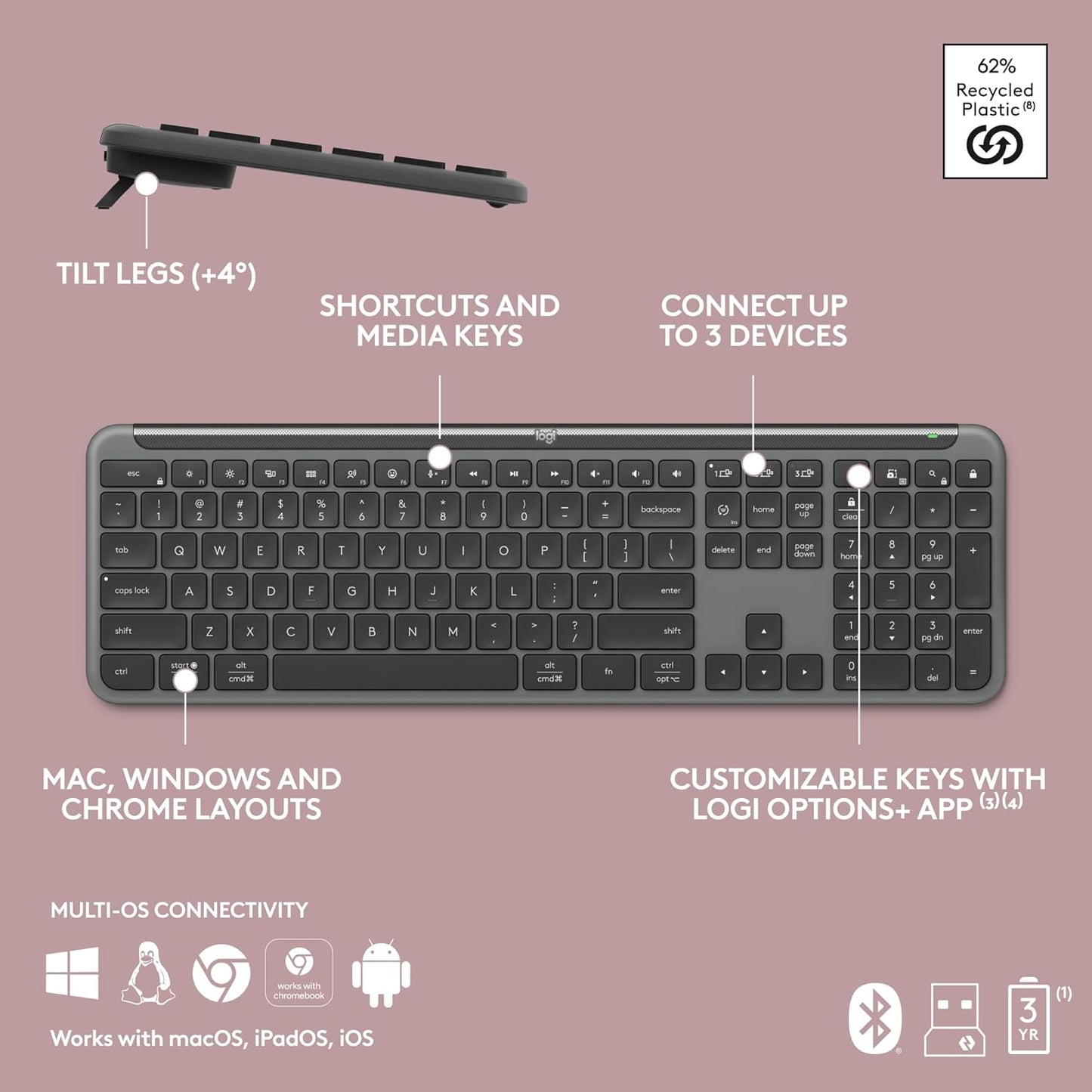 Logitech MK955 Signature Slim Wireless Keyboard and Mouse Combo, for Larger Hands, Quiet Typing and Clicking, Switch Across Three Devices, Bluetooth, Multi-OS, for Windows and Mac